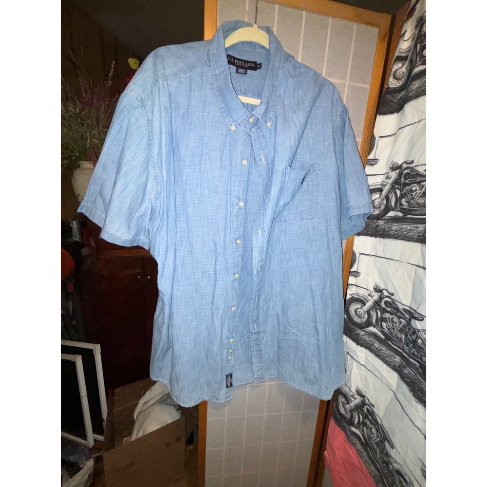 US Polo Assn Mens 3XL Light Blue Chambray Short Sleeve Button Down Shirt Logo